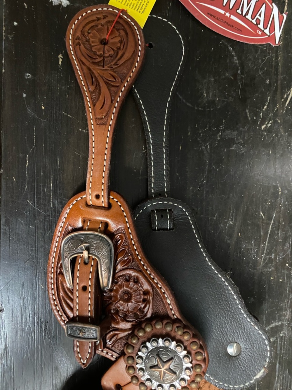 Tooled Brown Leather Western Spur Strap with Decorative Star Concho